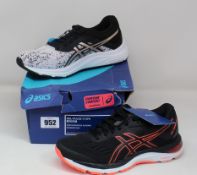 Two pairs of women's as new Asics trainers; Gel-Pulse 11 SPS (UK 6) and Gel-Cumulus 20 (UK 4.5).