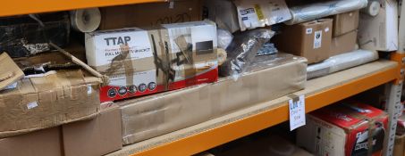 A quantity of household and related items to include glass bakeware, a television bracket and