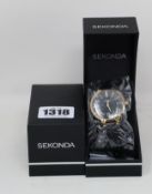 Three men's as new Sekonda dial watches with black face and leather strap.