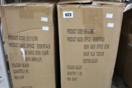 Two boxed Office Essentials mesh back desk chairs in black (OE1015LFBK and OE1002BK).
