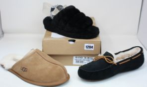 Two pairs of as new Ugg slippers; M Scuff (UK 12) and Dakota (UK 9) and a pair of as new Ugg Fluff