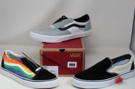 Three pairs of as new Vans footwear; Gilbert Crockett (UK 10.5), Classic Slip-On (UK 9.5) and Old