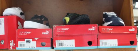 Four pairs of as new Puma trainers; Smash (UK 8), Ember TRL (UK 11), women's Carina Lift (UK 5)