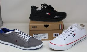 Three pairs of as new Tommy Hilfiger/Tommy Jeans trainers (1 x UK 4, 2 x UK 10).