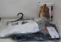 As new Calvin Klein clothing; men's three pack of cotton stretch trunks (L), CKJ035 jeans (W32/L34),