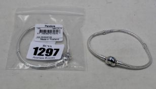 Two as new Pandora moments heart clasp snake chain bracelets (590719-19).