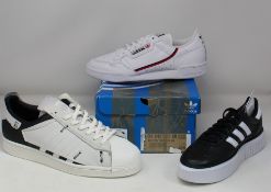 Three pairs of as new Adidas trainers; Superstar WS1 (UK 11), Continental 80 (UK 8) and Sleek