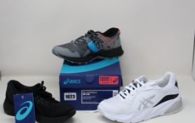 Three pairs of as new Asics trainers; women's Gel-Miqrum (UK 6), women's Gel-Cumulus 22 (UK 4) and
