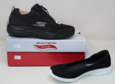 Five pairs of as new Skechers; Status 2.0 Burbank (UK 12), Go Walk Arch Fit Idyllic (UK 8), a pair