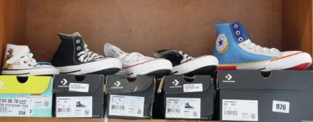 Five pairs of as new Converse footwear; three pairs of All Star Hi (2 x UK 4, 1 x UK 5.5), a pair of