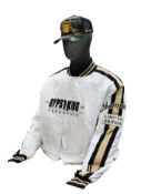 An as new Goldstar Gypsy King by Tyson Fury limited edition white bomber jacket (XXL) and baseball