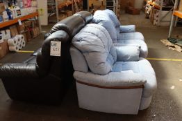 A black leather two seater sofa and a blue two seater sofa together with an arm chair.