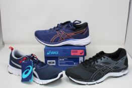 Three pairs of as new Asics trainers; Gel-Excite 6 (UK 6), Gel-Zone 6 (UK 9.5) and Gel-Quantum 90 (