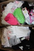 Two boxes of as new clothing and related items.