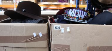 Two boxes of assorted pre-owned hats.