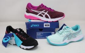 Three pairs of children's as new Asics trainers; two pairs of GT-1000 7 GS (UK 3, 5.5) and a pair of