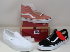 Three pairs of as new Vans footwear; Sk8-Hi (UK 6), Old Skool (UK 7) and classic slip-on (UK 7).