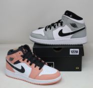 Two pairs of youths as new Nike Air Jordan 1 Mid GS (UK 3.5, 5).