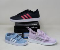 Four pairs of children's as new Adidas trainers; two pairs of VL Court 2.0 (UK 4) and two pairs of