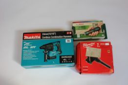 A Milwaukee 7-piece Contractor's Selfeed Bit Set, a Makita 24mm Cordless Combination Hammer and a
