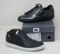 Two pairs of women's as new Ecco trainers; Ecco Soft 1 (UK 6) and Ecco Soft 7 (UK 4.5).