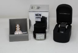 A pre-owned Emporio Armani watch (AR-0186), a pre-owned Guess watch and a unisex pre-owned Dolce and