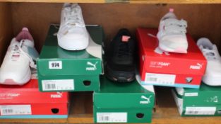 Five pairs of as new Puma trainers; children's R78 V PS (UK 1), children's Cali Sport PS (UK 1),