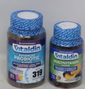 Twenty eight Vitadin Multivitamin Gummies (70s) in peach, orange and blackberry flavours (BB 10/
