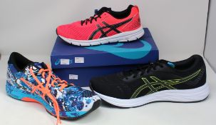 Three pairs of as new Asics trainers; women's Gel-33 Run (UK 7), men's Gel-Noosa Tri 11 (UK 13)