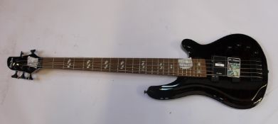 A boxed as new Harley Benton B-550 Progressive Series 5 string bass guitar in quilted transparent