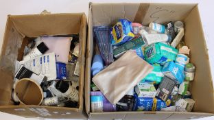 Two boxes of assorted as new/part used toiletries and beauty items.