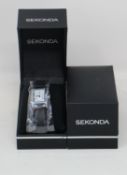 Four ladies as new Sekonda watches with rectangle white face and a black leather strap (One outer