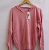 Three as new NRBY Lily hooded cotton cashmere sweaters (1 x S, 2 x M).