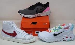 Three pairs of women's as new Nike trainers; Revolution 5 (UK 5.5), React Art3mis (UK 3.5) and