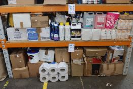 Two shelves of miscellaneous disinfectants, household cleaning products and related items.