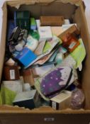 A box of as new toiletries/cosmetics/skin care items.