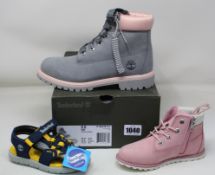 Two pairs of children's Timberland shoes; Pokey Pine (UK 10K) and Perkins Row Fisherman (UK 8.5K)