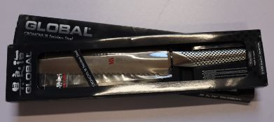 A boxed as new Global Cromova 18 stainless steel G-9 bread knife with 22cm blade (Over 18s only).