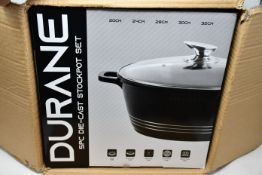 A boxed as new Durane 5-piece Die-Cast Non Stick Stockpot Set (9317).