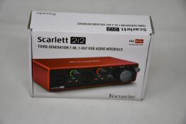 A boxed as new Focusrite Scarlett 2i2 USB Audio Interface (Third-Generation).