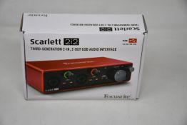 A boxed as new Focusrite Scarlett 2i2 USB Audio Interface (Third-Generation).