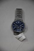 A men's as new Emporio Armani AR2448 stainless steel blue dial chronograph watch (No box).