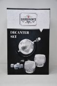 Two boxed as new Harrison's Finest Whisky Decanter Sets (1 set of 9 whisky stones, 2 etched globe