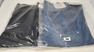 Two pairs of as new True Religion Ricky jeans (Sizes 33, 34).
