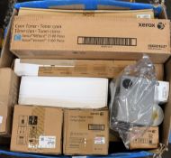 A box of assorted as new printer cartridges and printer parts (Some boxes opened/damaged).