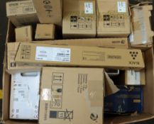 A box of assorted as new printer cartridges and printer parts (Some boxes opened/damaged).