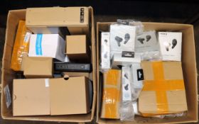 Two boxes of assorted as new and pre-owned small electrical items and accessories (Sold as seen).