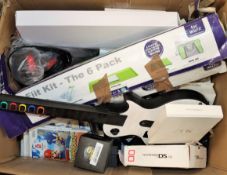 A box of assorted pre-owned small electrical items including a Nintendo Wii, games and accessories