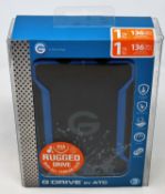 A boxed as new G-DRIVE ev ATC 1TB Rugged HDD with All Terrain Enclosure (Box sealed).
