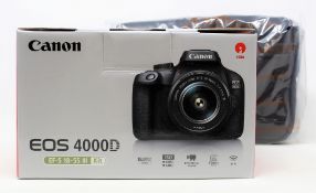 A boxed as new Canon EOS 4000D SLR Digital Camera with EF-S 18-55mm III Lens, Bag and 16GB SD Card.